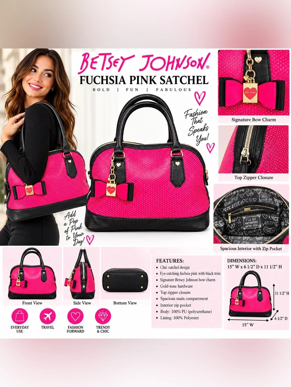BETSEY JOHNSON SATCHEL W/CHARM PINK & BLACK (NEW WITH TAGS) A28
